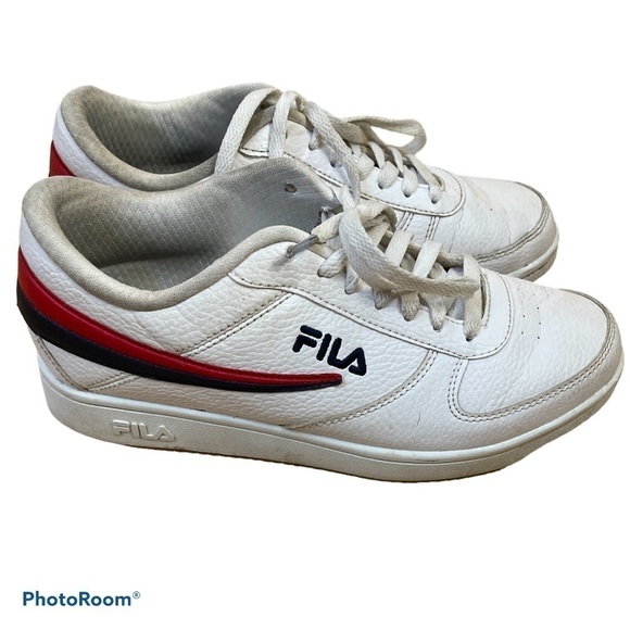 FILA Women’s White Retro Court Sneakers Size 9 Red Navy Stripe Leather Low Top - Picture 5 of 8